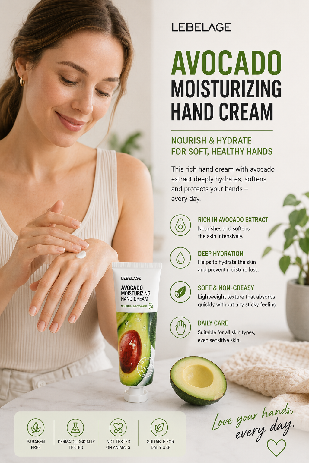 LEBELAGE Avocado Moisturizing Hand Cream 100ml | Rijke Handcrème Zeer Droge Handen