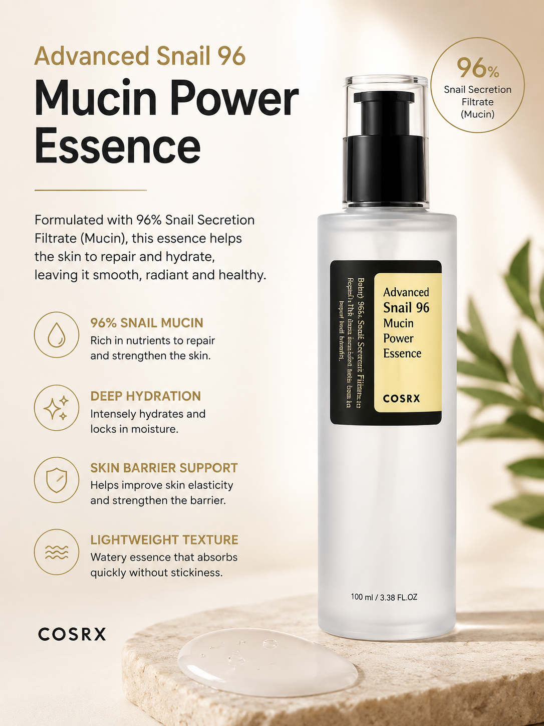 COSRX Advanced Snail 96 Mucin Power Essence 100ml | Herstellend Serum Droge & Doffe Huid